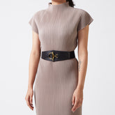 Black elastic-backed faux leather belt with gold buckle